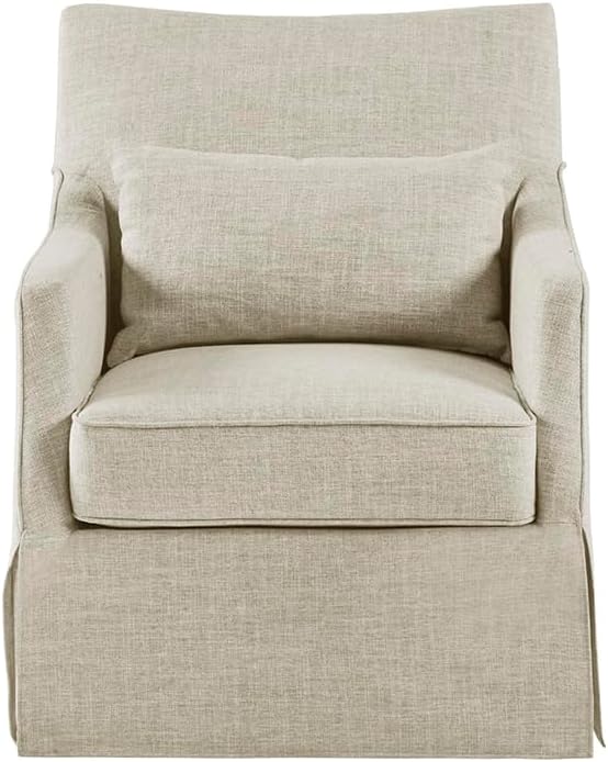 Martha Stewart London Swivel Chair - Solid Wood & Plywood, Skirted Metal Base Accent Armchair, Lumbar Pillow -Modern Classic Family Room Sofa Furniture Bedroom Lounge, 28"X31.5"X35.25", Beige Multi