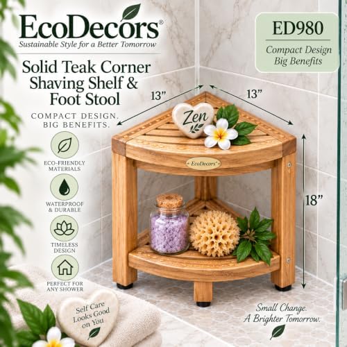 EcoDecors Corner Shower Stool with Shelf, Solid Teak Shower Bench
