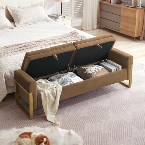 67" Storage Bench for Bedroom, End of Bed Bench King Size, Brown | Double Lids Storage Ottoman Bench with Golden Legs, Upholstered Velvet Bench for Foot of Bed Window Living Room Entryway