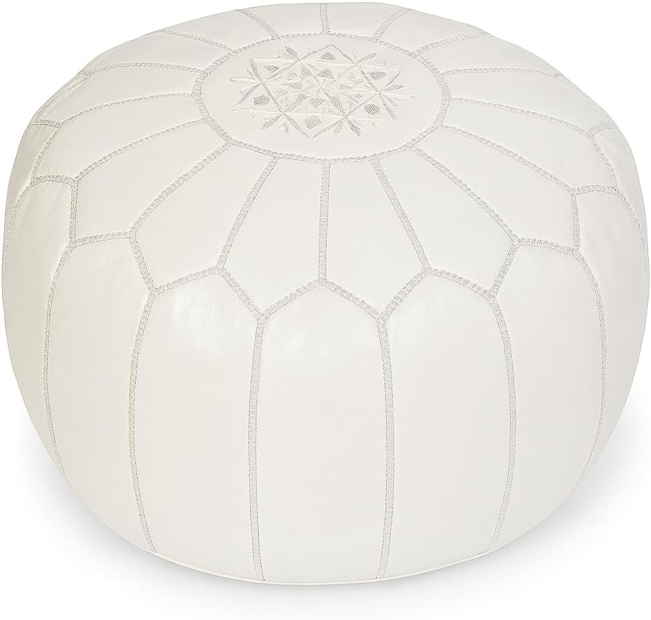 Mina Unstuffed Moroccan Leather Pouf Ottoman, 20" Diameter and 13" Height (Unstuffed White)