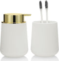 White and Gold Bathroom Accessories 2 Piece Set Luxury Matte Plastic Soap Dispenser and Toothbrush Holder for Modern Bathroom Decor
