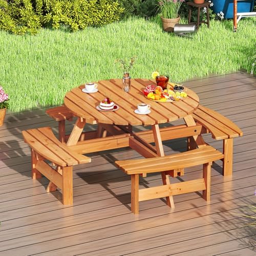 GIANTEX 8-Person Round Picnic Table Set with 4 Benches, 550 LBS Bench Capacit...
