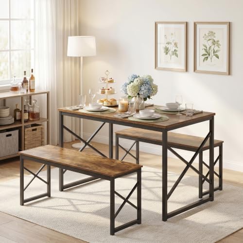 VECELO 43.3" Kitchen Dining Table Set for 4, Heavy-Duty Steel Frame &amp...