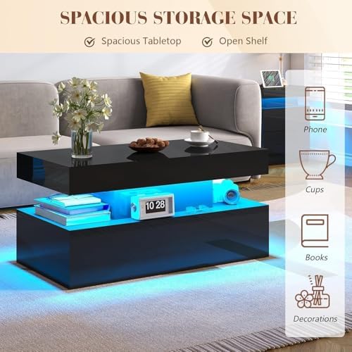 LUXOAK 3-Piece Modern Coffee Table Set with LED Lights | High-Gloss Finish, C...
