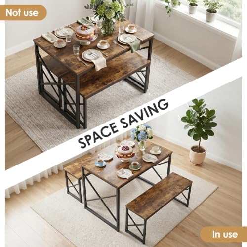 VECELO 43.3" Kitchen Dining Table Set for 4, Heavy-Duty Steel Frame &amp...