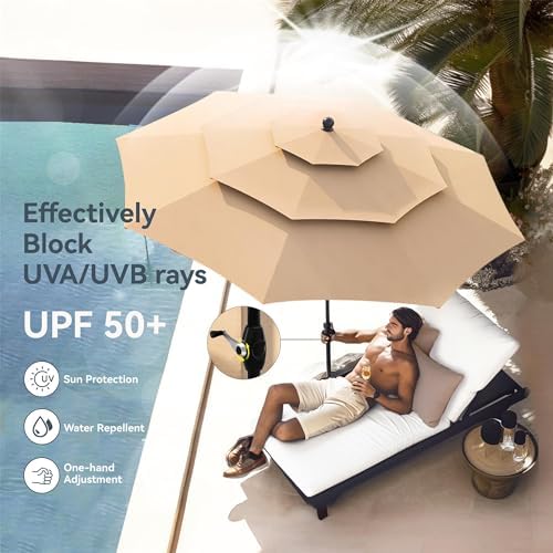 PHI VILLA Outdoor Dining Set for 4 w/Beige Umbrella & Folding Chairs