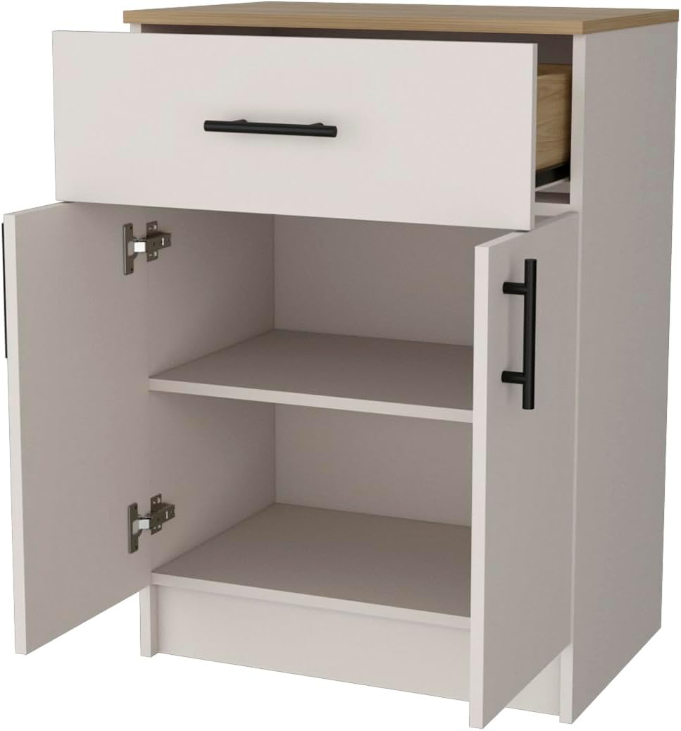 Cope Kitchen Pantry in Melamine with 2 Doors and 1 Drawer, Ivory/Natural Oak