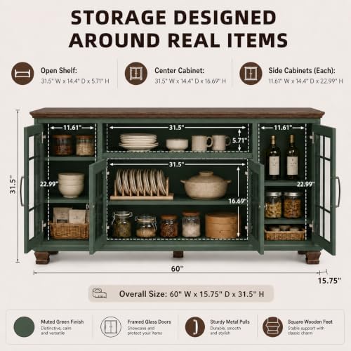 SAVOR LIFE 60-Inch Sideboard Buffet Cabinet with Glass Doors,Vintage Green