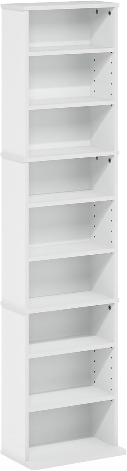 Furinno Jaya DVD Shelf, 9-Shelf Tall Narrow CD Rack, Media Shelf with Adjustable Shelves, DVD Storage Cabinets for CD Blueray Game Disc, Easy Assembly, for Living Room, Home Office, Plain White