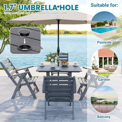 Dining Table Set, 5-Piece HDPE Outdoor Dining Set for 4, Grey
