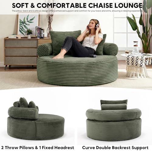 Oversized Round Chair Lounge Chaise Indoor, 55.5" Upholstered Corduroy Deep Seat Single Cloud Sofa Chair, Fluffy Modern Large Circle Boneless Sleeper Sofa for Living Room, Bedroom, Green