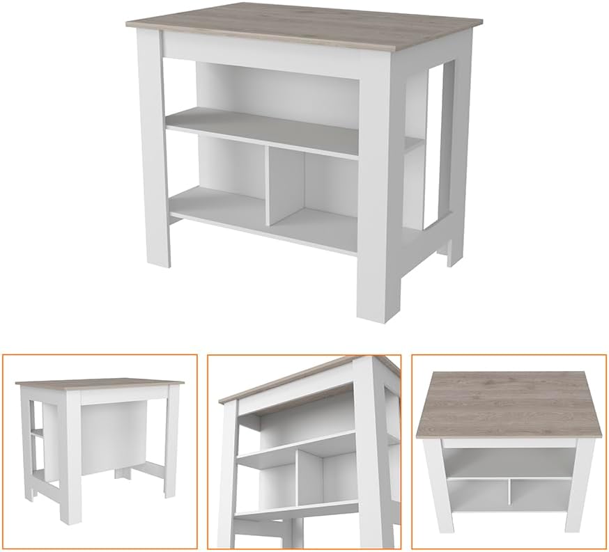 Kitchen Island with Three Shelves Light Gray/White Finish | Tabletop with sil...