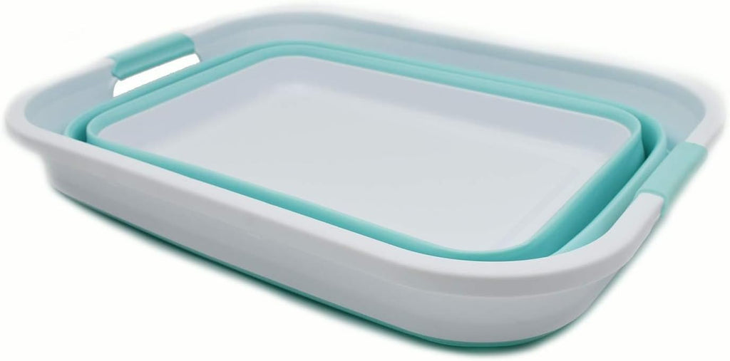 SAMMART 41L (10.8 gallon) Collapsible Plastic Laundry Basket-Foldable Pop Up Storage Container/Organizer-Portable Washing Tub, Water capacity: 32L (8.4 gallon) (Rectangular, White/Lake Green)