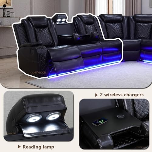 Living Room Furniture Set, Power Sectional Recliner Sofa and Chair Set with LED Light, Air Leather Electric Reclining Sofa with 5 Recliner Seats/Cup Holders/USB Port/Storage Console for Living Room