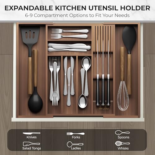 Expandable Bamboo Silverware Organizer with Knife Block, Brown | 12.6-21.45 x 16.3 x 2.13 in, Holds 7 Knives, Removable Knife Block, Adjustable Dividers, Drawer Insert for Utensils, Forks