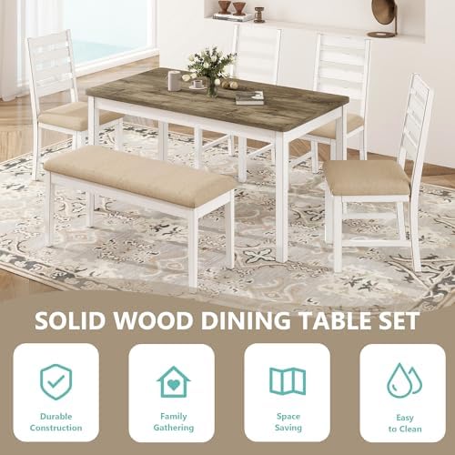 ROCSUMOO 6 Piece Farmhouse Dining Table Set with 4 Chairs and 1 Bench