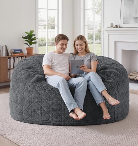 fond + found Giant Bean Bag Chair with Plush Quilted Cover, 5FT Darkgrey | Pl...