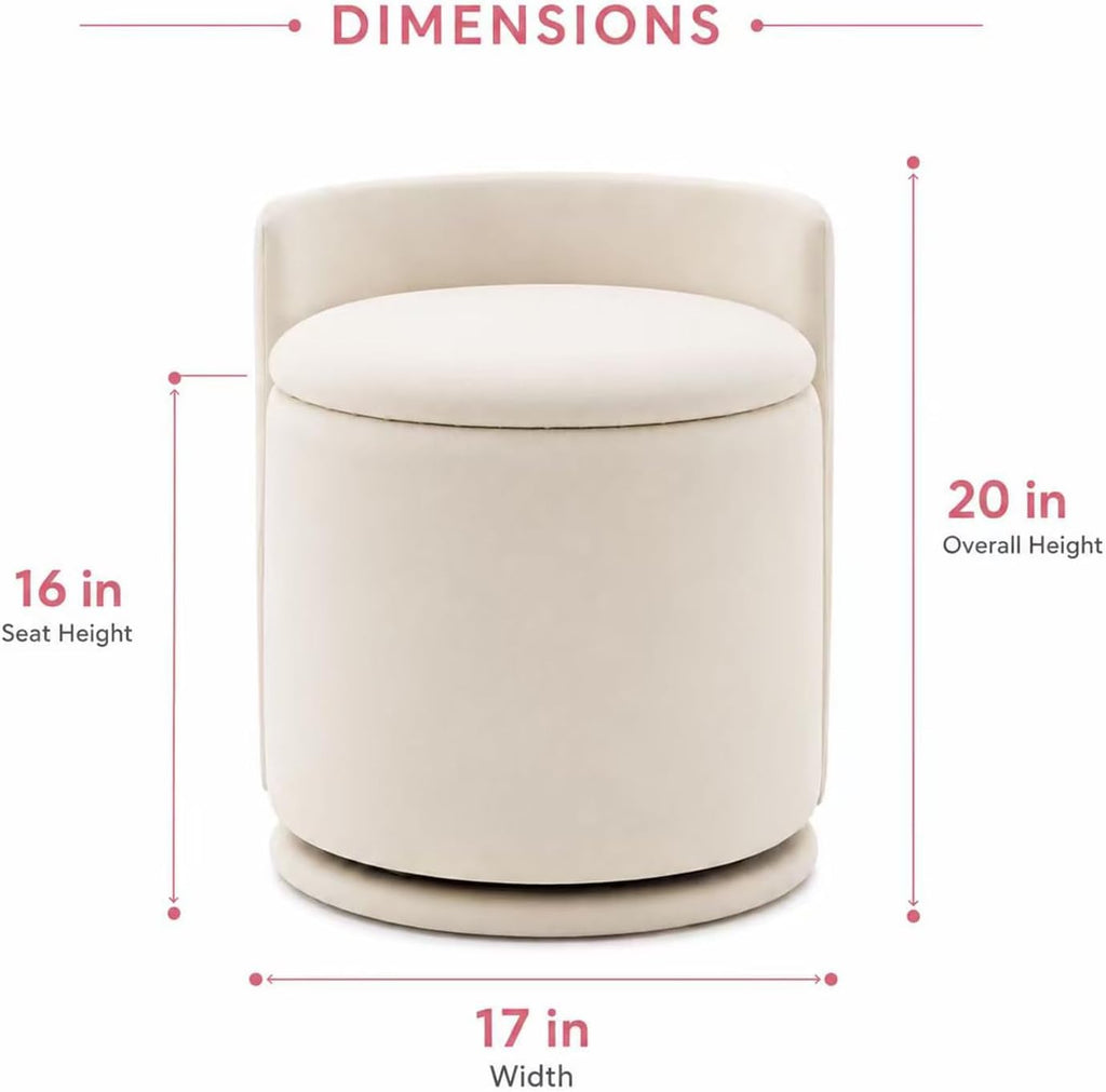 Velvet Ottoman with Storage and Back 360°Swivel Makeup Chair 17" D x 17" W x 20" H Multipurpose Soft Seat Ottoman Small Side Table Hallway Footstools for Living Room Dorm (Cream)