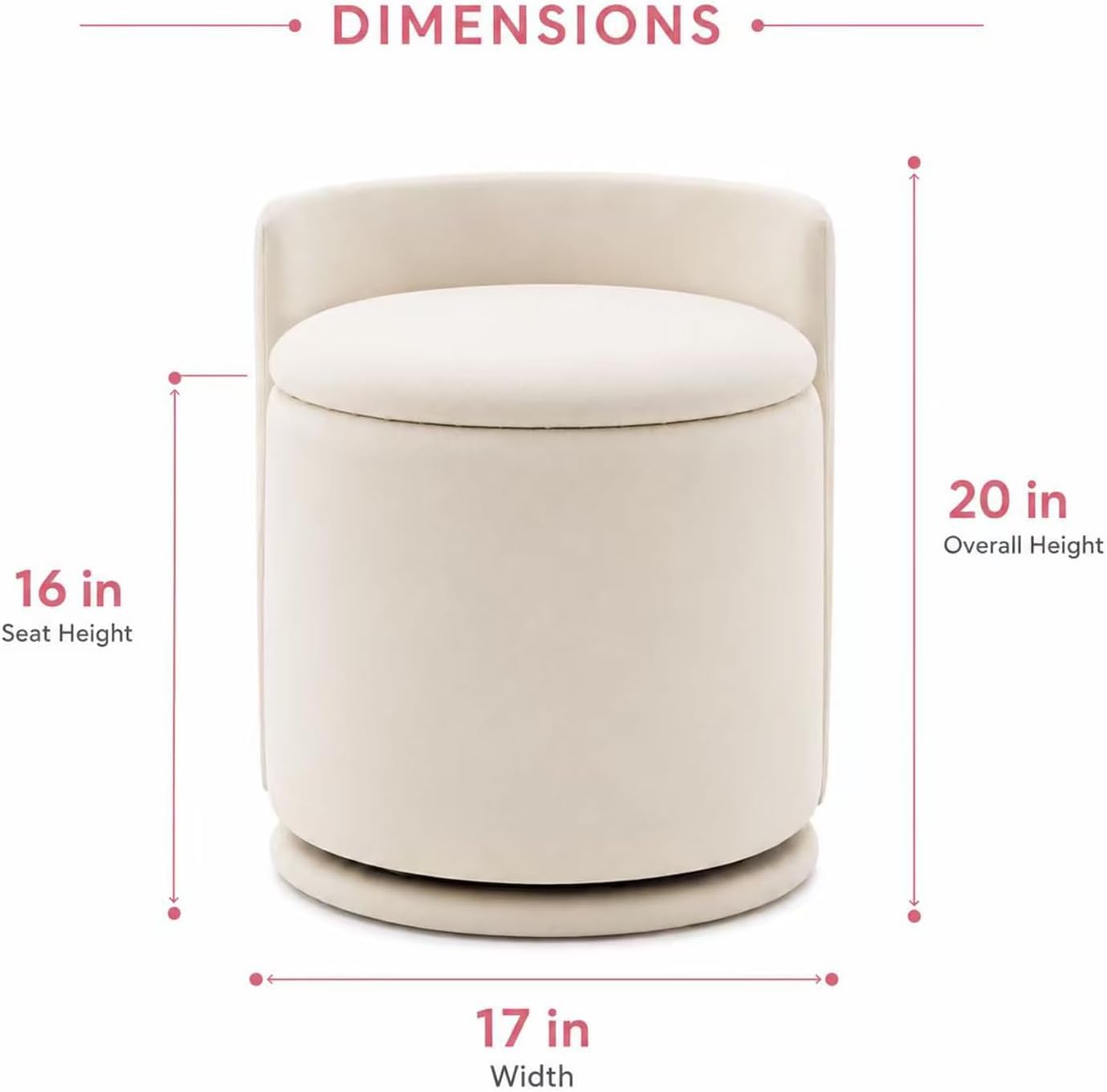 Velvet Ottoman with Storage and Back 360°Swivel Makeup Chair 17" D x 17" W x 20" H Multipurpose Soft Seat Ottoman Small Side Table Hallway Footstools for Living Room Dorm (Cream)