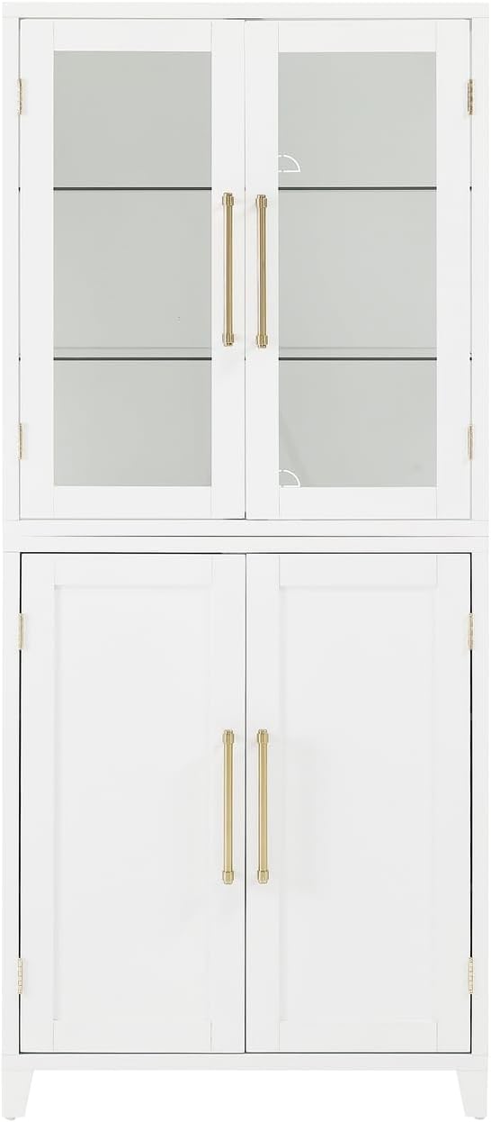 HomeStock Pantry Storage Cabinet with Glass Door - White Wood Kitchen Hutch & Shelves - 30" W x 15.75" D x 70.63" H