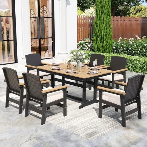 SUNSHINE VALLEY 7pc Patio Dining Set, HDPE 64" Table & 6 Chairs
