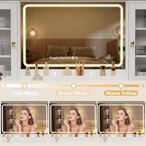 Fluted Makeup Vanity Desk with Mirror and Lights, 55" Glass Top Vanity w...