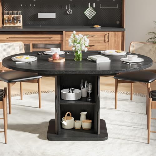 Extendable Black Round Dining Table for 4-6-8, 59 Inch Kitchen Dining Room Ta...