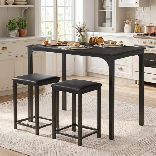 GIANTEX 3-Piece Dining Table Set for 2, Upholstered Stools (Black)