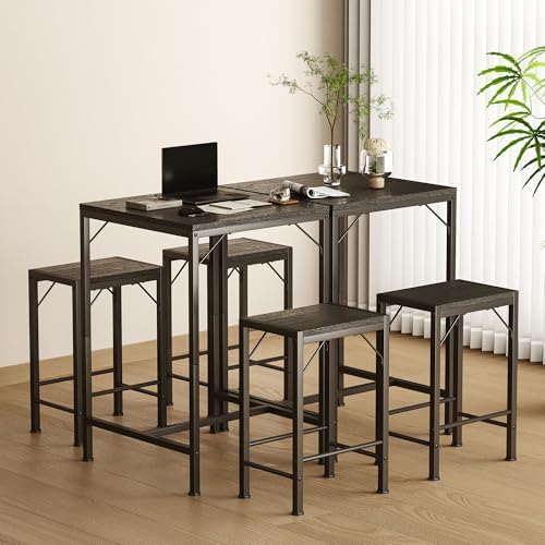 Homeiju Bar Table and Chairs Set, Square Bar Table with 2 Stools, Space-Savin...