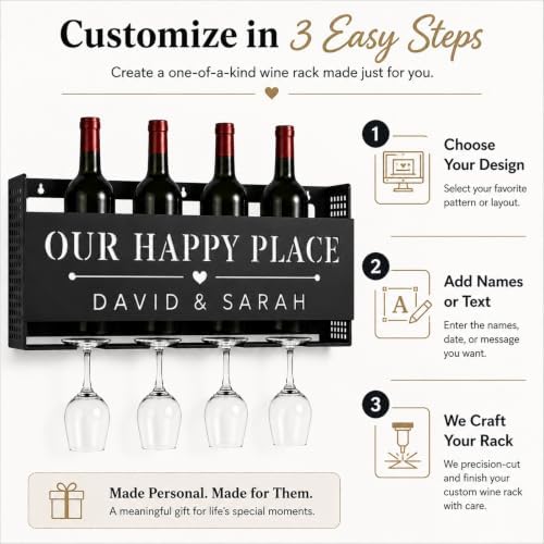 Personalized Wine Rack Wall Mounted with Glass Holder, Custom Name Wine Bottl...