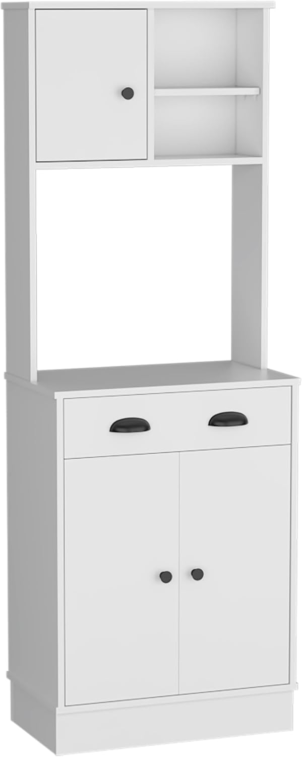 White 3-Door Kitchen Cabinet with Drawer & Microwave Space - Small Kitche...