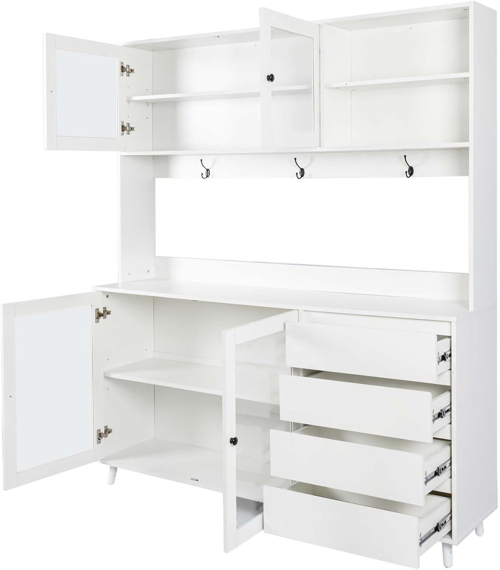 63'' Kitchen Pantry Cabinets with Microwave Shelf, Freestanding Pantry Cabinet with Doors & Countertop, Coffee Bar Hutch & Kitchen Hutch Storage Cabinet with Drawers for Dining Room (White)