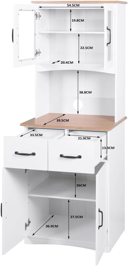 White Wooden Kitchen Cabinet, Pantry Storage Unit with Framed Glass Doors, Mi...