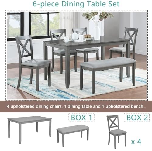 Merax 6-Piece Solid Wood Dining Table Set, Wooden Legs, Gray