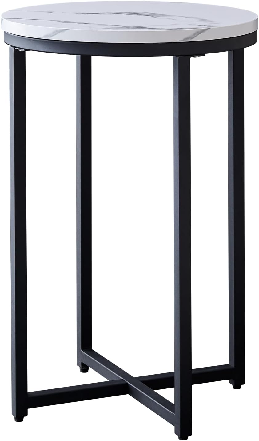 Modern Side Table with Faux Marble MDF Top, Black Metal X-Base, Compact End T...