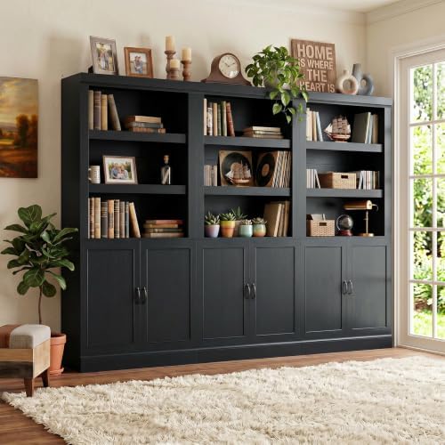 Unikito 71" Tall Bookshelf with Doors and Adjustable Shelves, Black