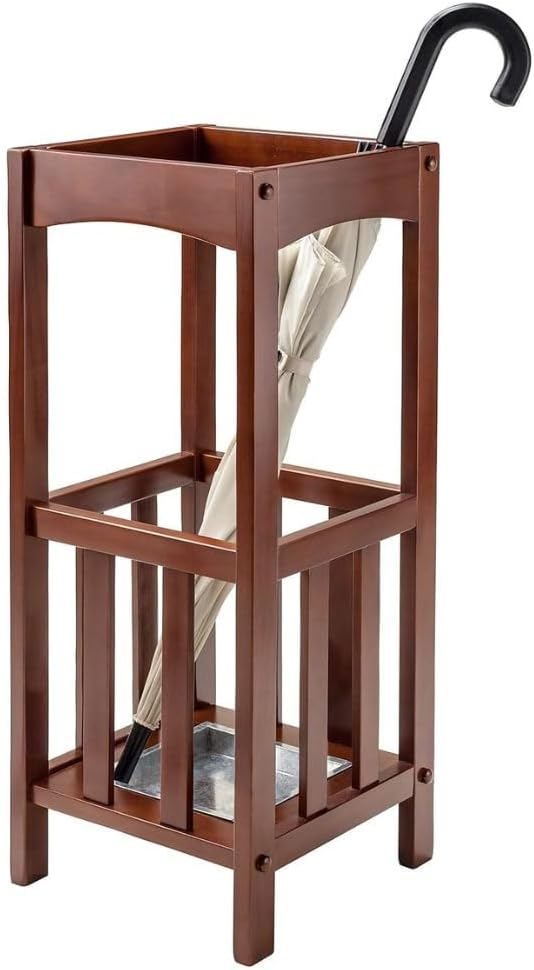 Rex Umbrella Stand with Metal Tray Walnut Functional Umbrella Stand for Entryways Hallways or Offices Solid Wood Construction Convenient Storage for Umbrellas Walking Sticks or Cane Sleek