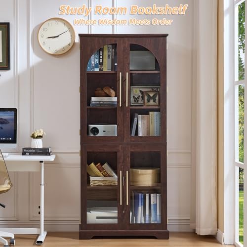 Joaxswe 68" Tall Bookcase with 4 Glass Doors, Farmhouse 5 Tire Bookshelf