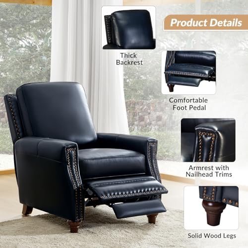 HULALA HOME Genuine Leather Manual Recliners Set of 2 with Wood Legs, Navy | ...