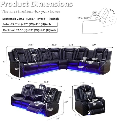 Living Room Furniture Set, Power Sectional Recliner Sofa and Chair Set with LED Light, Air Leather Electric Reclining Sofa with 5 Recliner Seats/Cup Holders/USB Port/Storage Console for Living Room