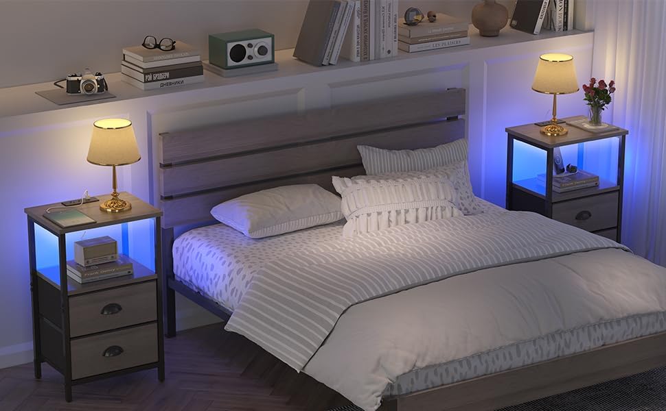 sthmec Nightstand with Charging Station, LED Night Stand Set of 2, Bedside Ta...
