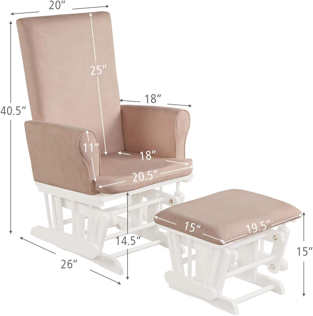 Costzon Baby Glider and Ottoman Cushion Set, Wood Baby Rocker Nursery Furniture for Napping, Nursing, Reading, Upholstered Hoop Glider & Ottoman Comfort Nursery Chair w/Padded Armrests (Pink)