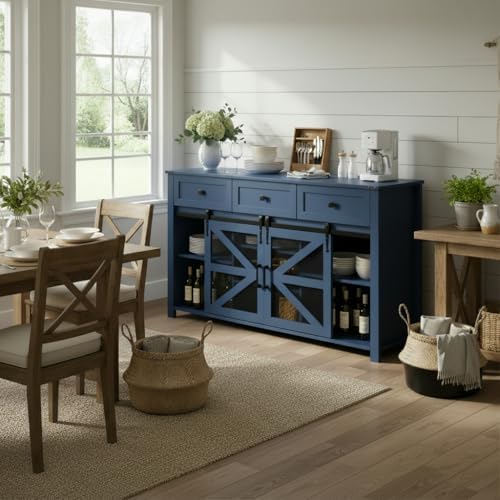 Virubi 55 in Sideboard Buffet Cabinet with Storage,Sliding Barn Doors,3 Drawe...