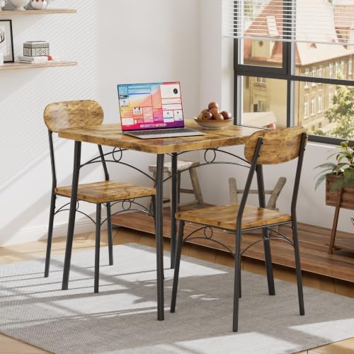 VECELO 3 Piece Small Dining Table Set for 2, Metal and Wood Square Kitchen Di...