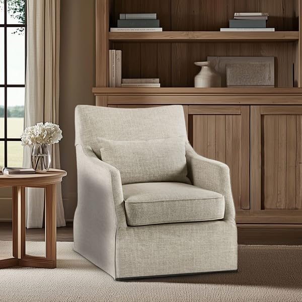 Martha Stewart London Swivel Chair - Solid Wood & Plywood, Skirted Metal Base Accent Armchair, Lumbar Pillow -Modern Classic Family Room Sofa Furniture Bedroom Lounge, 28"X31.5"X35.25", Beige Multi