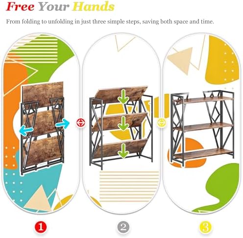 UDD No Assembly Wide Folding Bookshelf, 34" H x 30.9" W, 3 Tier Fol...