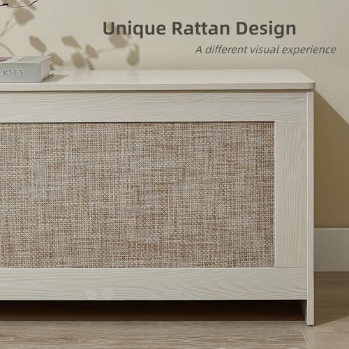 51.2" Storage Chest Large,Wooden Rattan Storage Bench.(White Cream) | St...