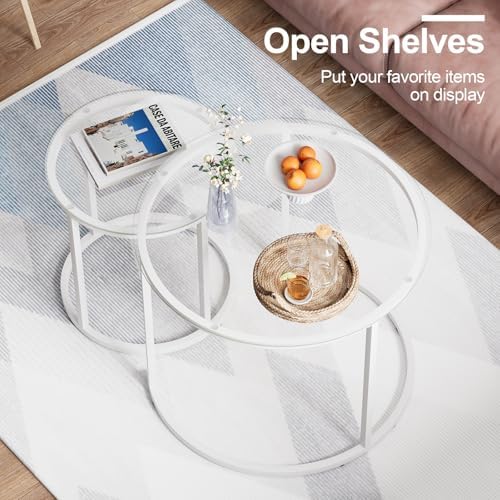 aboxoo White Nesting Glass Table Set of 2, Small Glass Round Nesting Tables f...