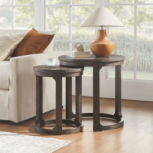 24" Rustic Bedside Table, Round Nesting End Table for Living Room | 2-Pi...