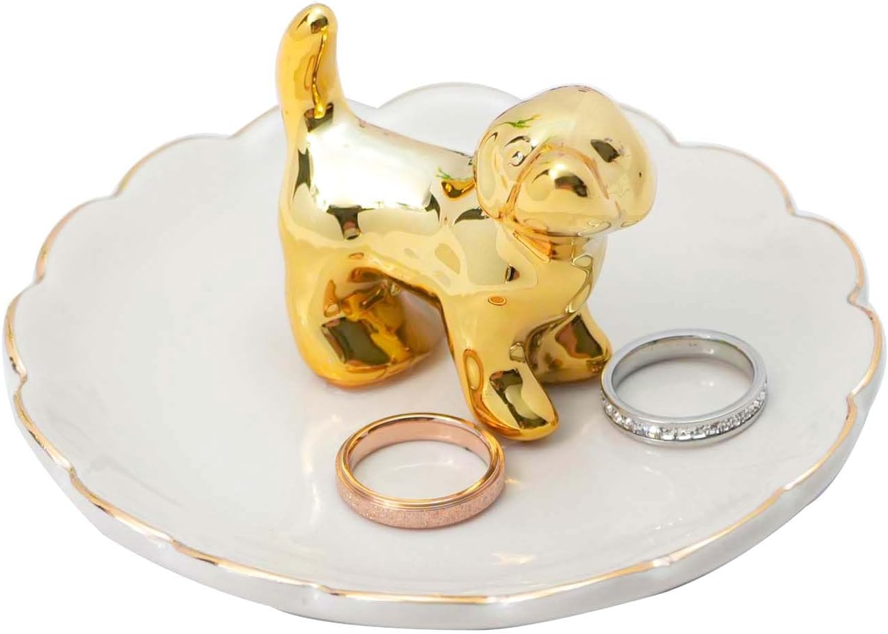 Ceramic Dog Ring Holder with White Dish,Ring Dish Trinket Tray for Rings,Earrings,Jewelry Organizer,Gifts for Women (Dog-B)